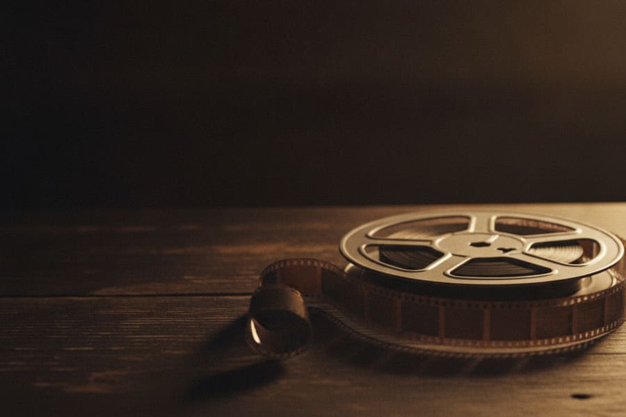 En filmrulle och filmremsor i varmt ljus