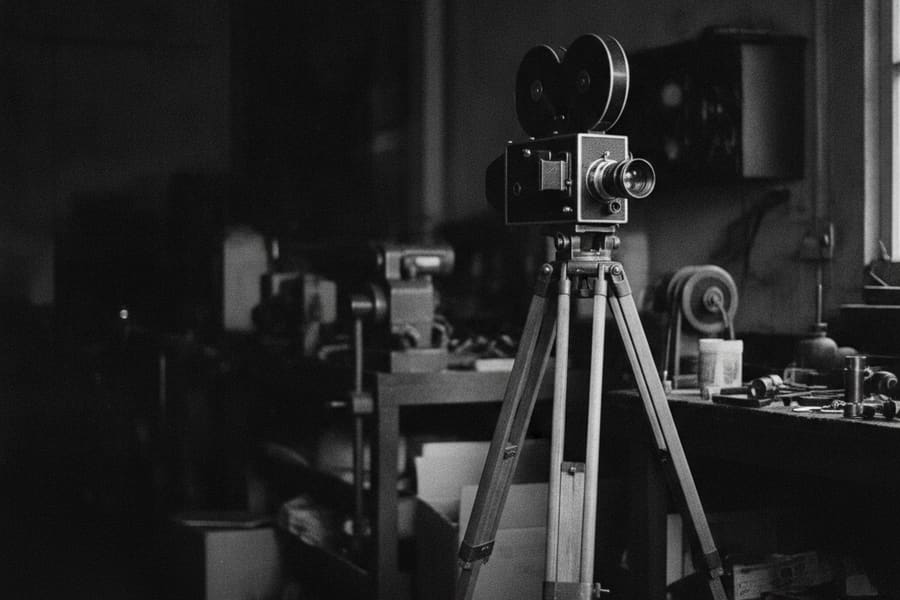 En gammal 16 mm filmkamera på stativ i en verkstad