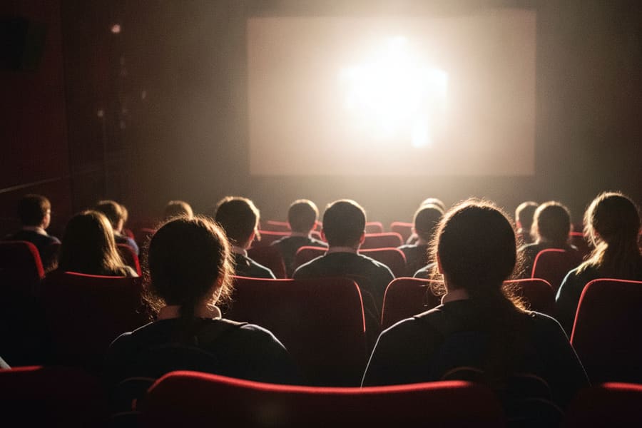 Skolelever sedda bakifrån i en biosalong framför en upplyst filmduk