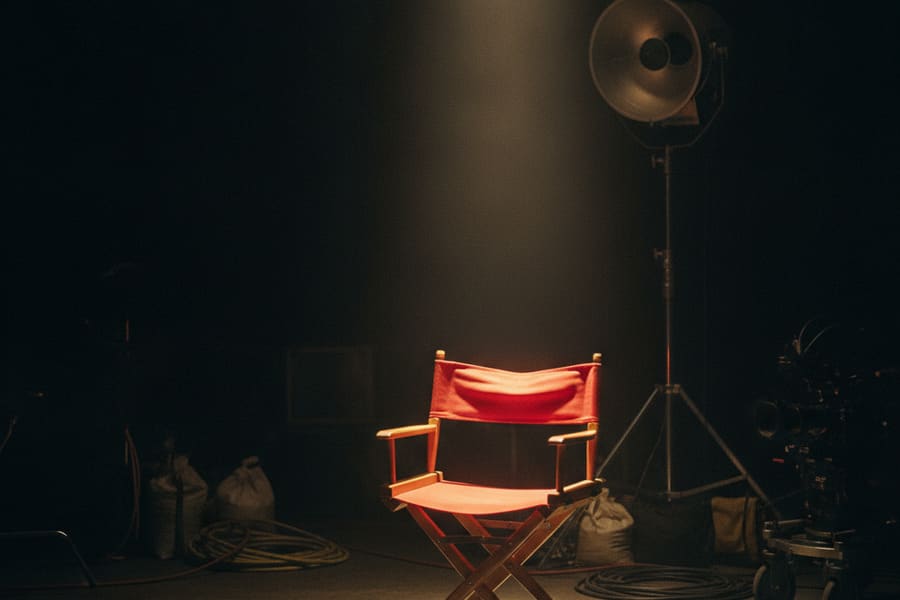 En röd regissörsstol på en filminspelning