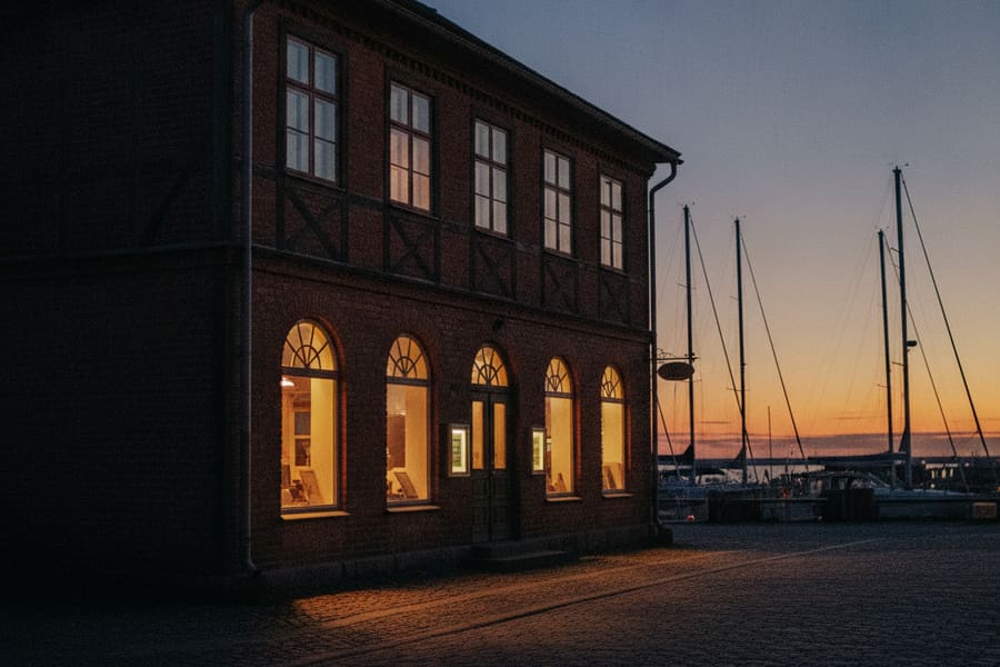 En gammal biografbyggnad i en västsvensk hamnstad i skymningen